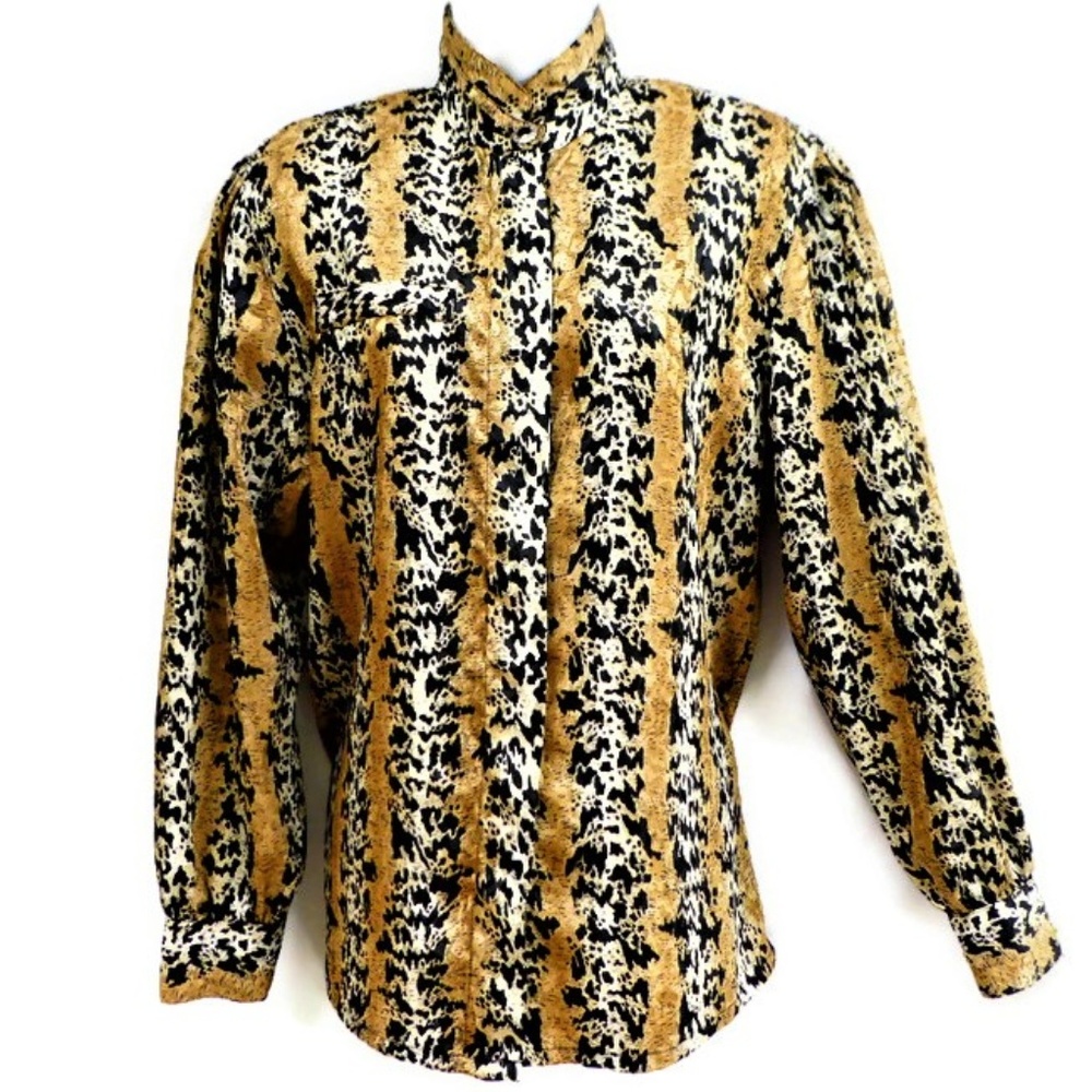 Nicola Blouse Vintage 80s Secretary Mixed Animal Print Poly Satin 8 M
